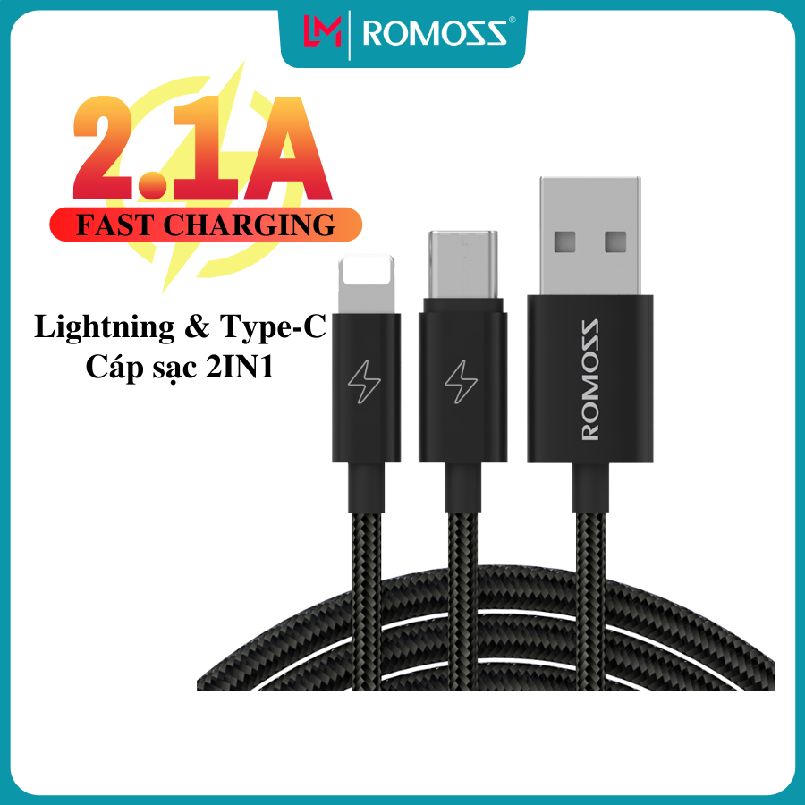 Cáp sạc nhanh Romoss, cáp sạc nhanh 2in1 CB219 cổng kết nối Lightning Type-C