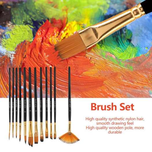 Bộ 12 Cây Cọ Vẽ Màu Nước Brush Kit, Sơn Dầu - Tóc Nylon Tổng Hợp Chất Lượng Cao, Cảm Giác Vẽ Mượt Mà
