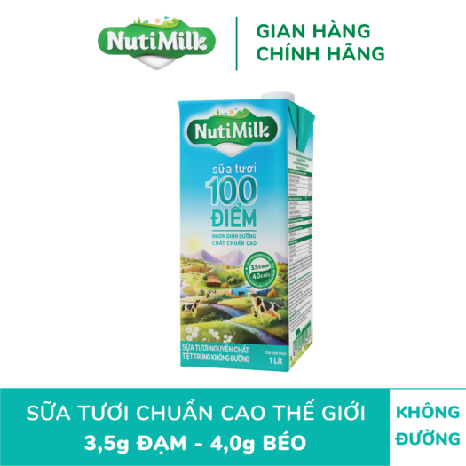 NutiMilk Sữa tươi 100 điểm - Sữa tươi tiệt trùng nguyên chất không đường Hộp 1 Lít STKD1LAZ - Thương Hiệu NUTIFOOD - AZAGO