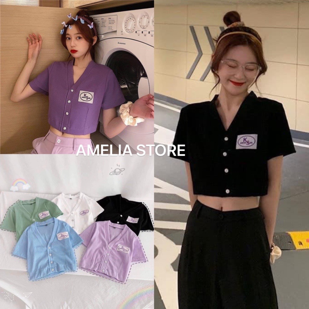 Áo croptop nữ cổ v thêu logo khuy cài- áo cardigan cộc tay cổ v, áo croptop ôm body sexy, áo crtop phong cách ulzzang, áo nữ kiểu thời trang hàn quốc, AMELIA,