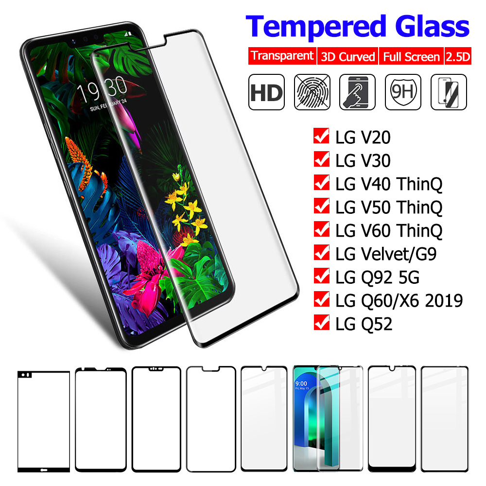 Kính Cường Lực Cong Cho LG V50 V60 V40 ThinQ V30 Q92 5G Q60 Q52 Bảo Vệ Màn Hình Toàn Màn Hình Cho LG Velvet X6 2019 V50S V30S V30 + Film