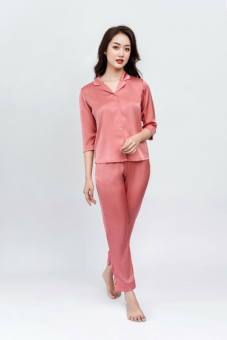 WINNY - Bộ đồ lụa tay lỡ quần dài mặc nhà họa tiết trơn 2MNSA21901L