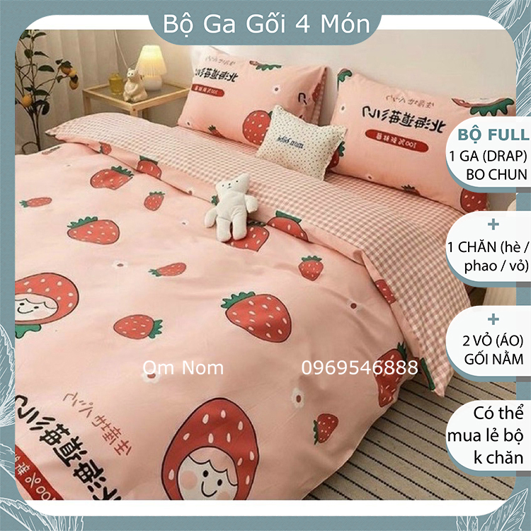 Bộ chăn ga gối đệm đẹp, cute chất Cotton Hàn Quốc, giá rẻ, BỘ 4 MÓN: 1 drap giường, 2 vỏ gối nằm, 1 chăn, họa tiết DÂU NHẬT (Dâu tây chữ Nhật) siêu đáng yêu
