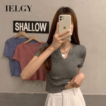 IELGY Áo Thun Ôm Tay Ngắn, Áo Cổ Chữ V Thiết Kế Cá Tính