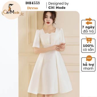 Đầm công sở CITI MODE FASHION thiết kế dáng xoè trắng cổ vuông phối ngực cách điệu DH4553