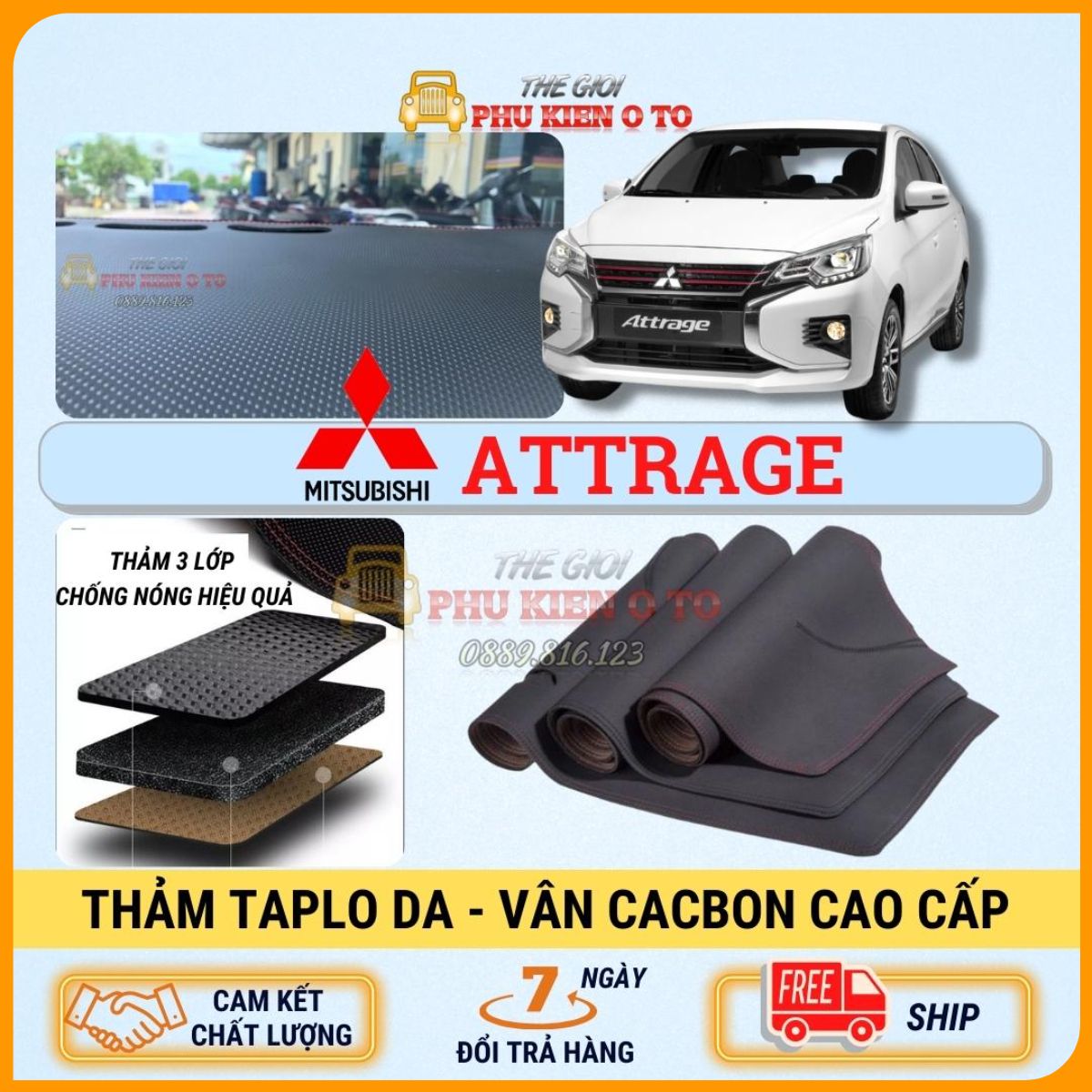 Thảm taplo Mitsubishi Attrage 2015 - 2021 da Cacbon 3 lớp cao cấp, chống nóng cho ô tô hiệu quả