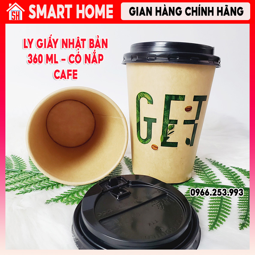 Set 50 Ly giấy NHẬT BẢN CÓ NẮP 360ml in chữ GET màu nâu, cốc giấy cafe siêu đẹp, lịch sự