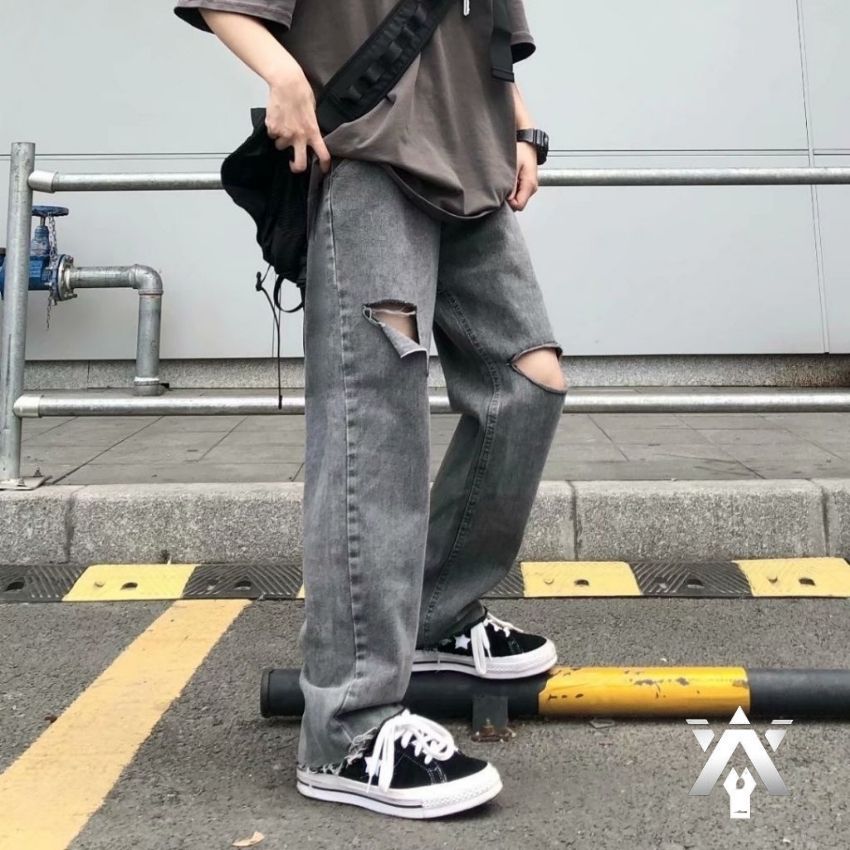 [FREESHIP] Quần jean nam , jeans baggy nam ống suông rộng rách gối màu xám khói QD19