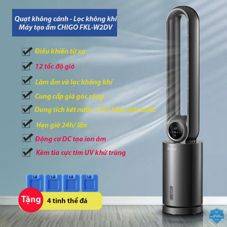 Quạt không cánh-Điều hòa không khí-phun sương CHIGO FKL-W2DV có điều khiển từ xa làm mát 12 cấp độ gió lõi lọc HEPA