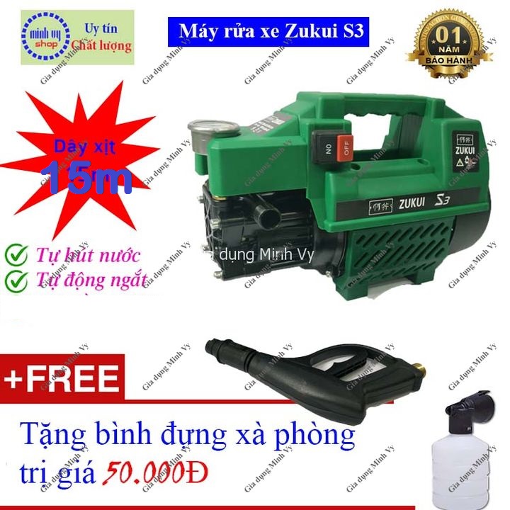[DÂY XỊT 15m] Máy xịt rửa xe mini gia đình Zukui S3 - tự hút - tự ngắt - Công suất mạnh 2000W dễ dàng sử dụng - Bảo hành 12 tháng