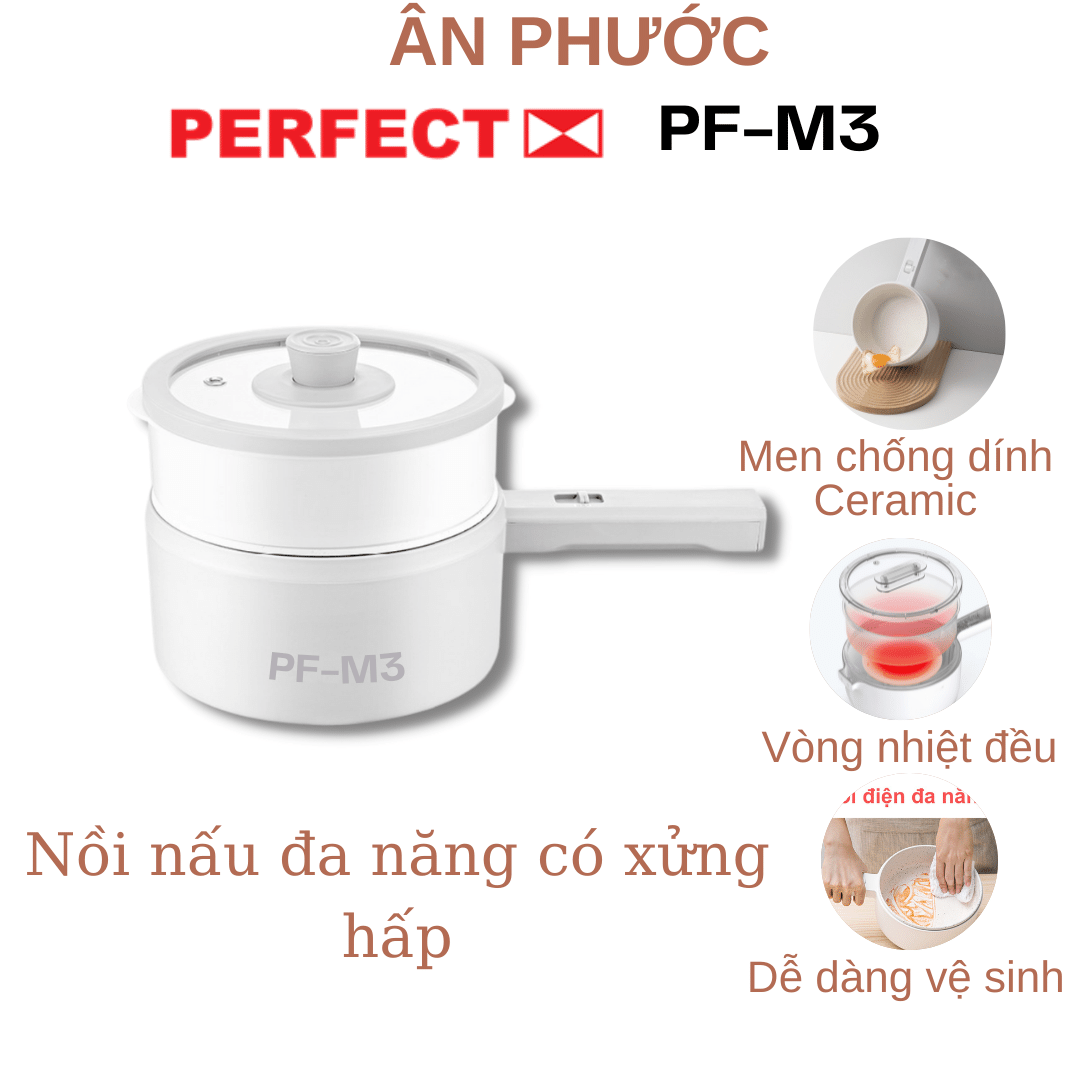 Nồi nấu và hấp điện đa năng có kèm xửng hấp Perfect PF-M3 Công suất 700W tỏa nhiệt đều bề mặt làm sôi nhanh nước chất liệu nhựa PP lòng tráng men CERAMIC