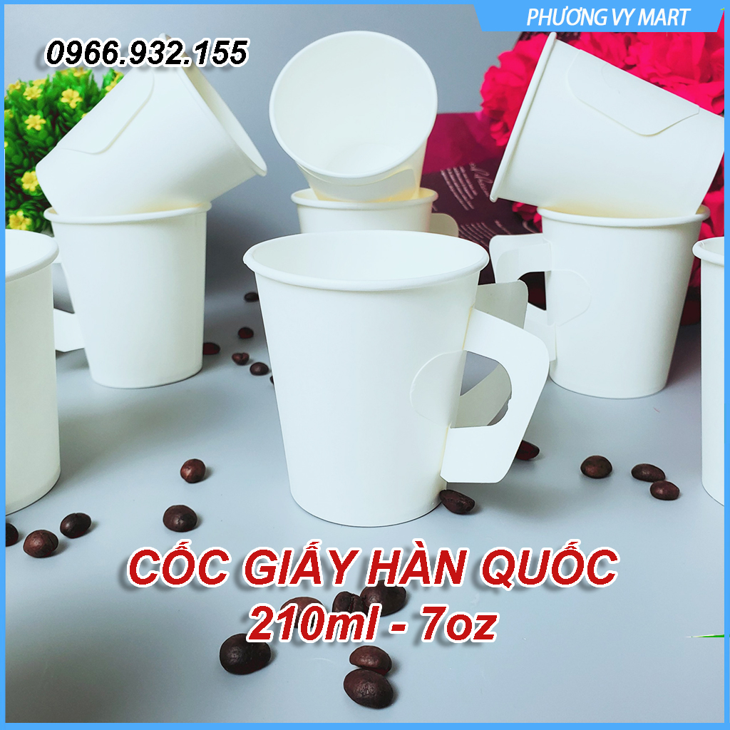 Set 50 chiếc cốc giấy 210ml có quai size 7oz công nghệ Hàn Quốc siêu cao cấp
