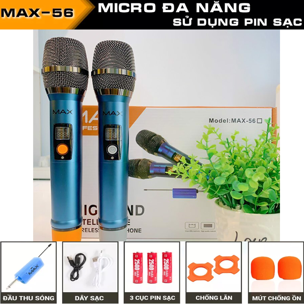 Micro Không Dây Đa Năng Max 56 - Micro Không Dây Karaoke - Mic Hát Karaoke Hút Âm Tốt, Chống Hú Hiệu