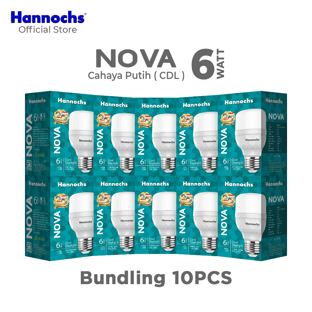 Hannochs Lampu Bohlam LED NOVA 6W Cahaya Putih Paket isi 10pcs Harga 141,600 rupiah*Gratis Ongkir