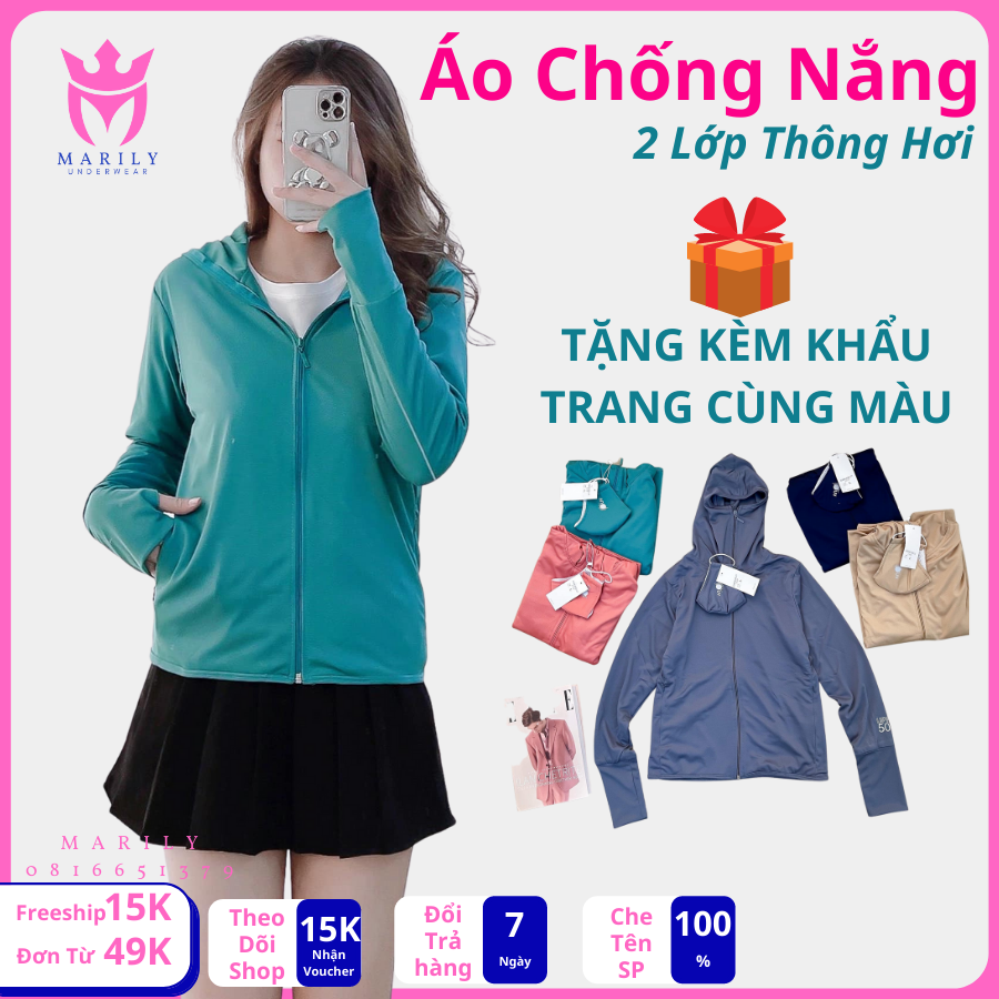 Áo chống nắng nữ 2 lớp chất liệu thun lạnh Aircool nhật bản thông hơi thoáng khí dáng ngắn, chống tia UV tuyệt đối mẫu mới cao cấp Marily, tặng kèm khẩu trang cùng màu
