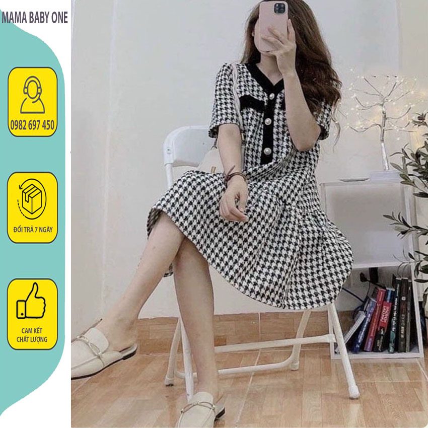 [MAMA BABY ONE V92] VÁY BẦU KẺ CARO, CỔ TIM ĐUÔI CÁ - ĐẦM BẦU CÔNG SỞ TRẺ TRUNG, SANG CHẢNH ĐI LÀM, ĐI CHƠI , DỰ TIÊC...FREE SZE 45-70KG.