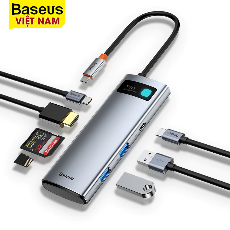 [BẢO HÀNH 12 THÁNG] Hub chuyển đổi đa năng 7 in 1Baseus HUB USB C Sang HDMI-Tương Thích USB 3.0 PD 100W cho Macbook, Notebook, Laptop,...