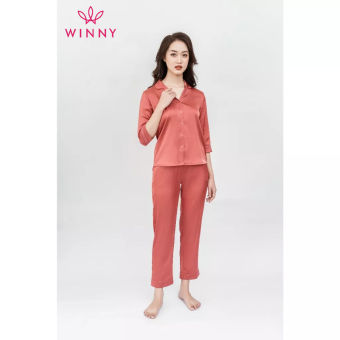 WINNY - Bộ đồ lụa tay lỡ quần dài mặc nhà họa tiết trơn 2MNSA21903L