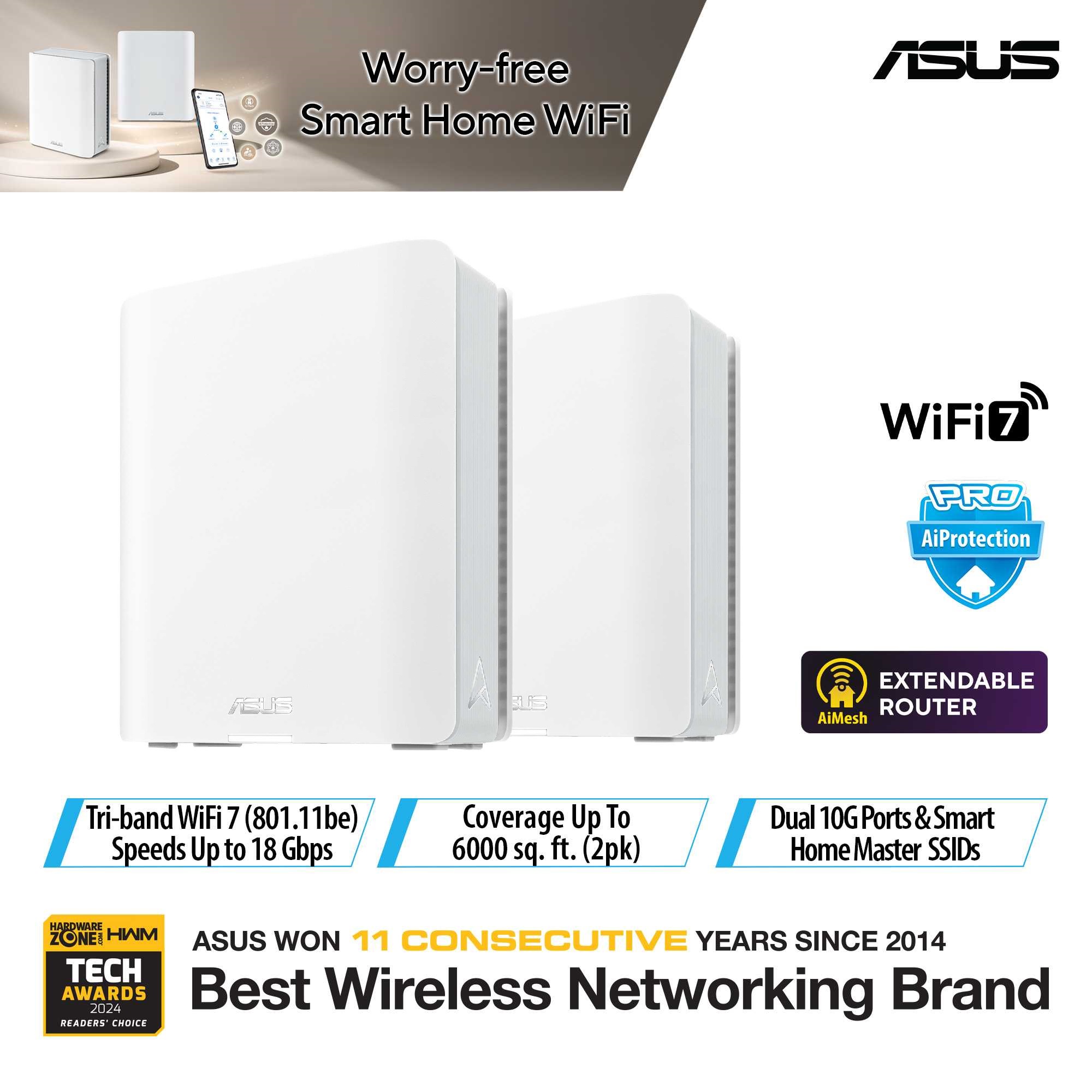 ASUS ZenWiFi BT8 Tri-band WiFi 7 Mesh, 14 Gbps, 5900 sq.ft (2pk