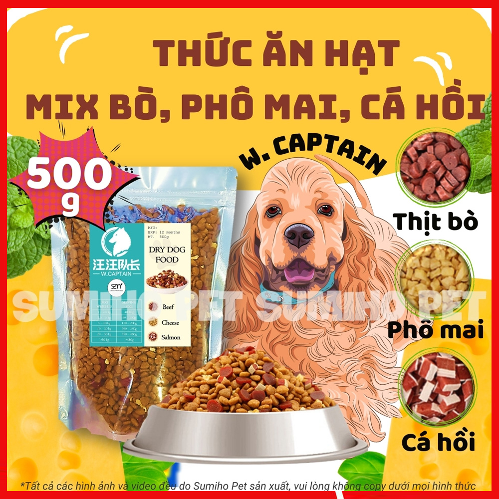 Hạt thức ăn cún cưng Captain (500g) trộn lẫn thịt bò, phô mai, cá hồi, rau củ nguyên chất phù hợp mọi loại chó