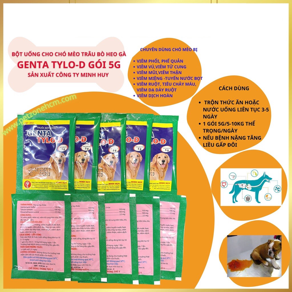 COMBO 5 gói Genta Tylo - D Trị Viêm phổi  Viêm ruột tiêu chảy ói mửa  Viêm vú  viêm tử cung chó mèo - 5 Túi X 5g