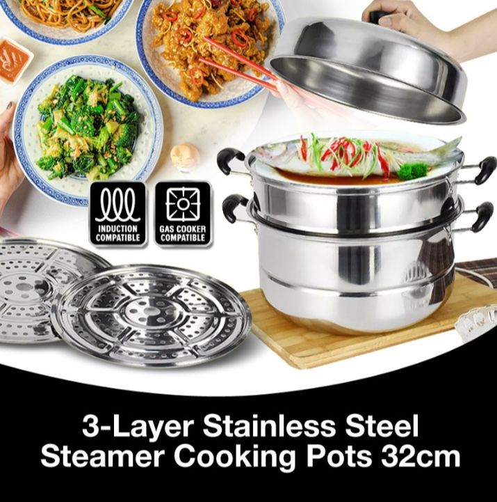 Stainless Steel Steamer Household Extra Large Steamed Fish Pot Steamed Buns  Steamer Drawer Three-layer Large Capacity 40cm