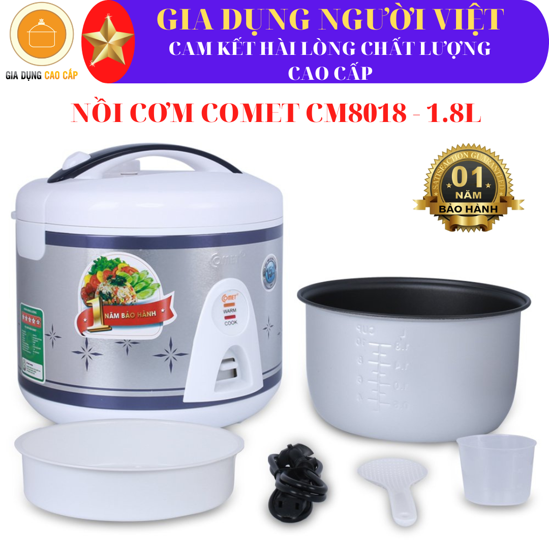 NỒI CƠM COMET CM8018 -tráng men, chống dính, tiết kiệm điện, tiện dụng, màu sắc sang trọng, nấu và giữ ấm-hợp cho gia đình có từ 4 đến 6 người- bảo hành 12 tháng-lỗi 1 đổi 1