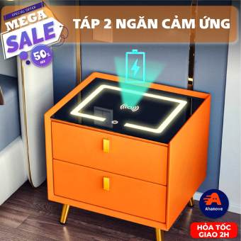 Táp, tủ đầu giường 2 ngăn bọc da, nỉ có đèn LED cảm ứng và sạc không dây thông minh, hiện đại - Tủ đầu giường thông minh mặt cảm ứng, cổng sạc usb cho điện thoại