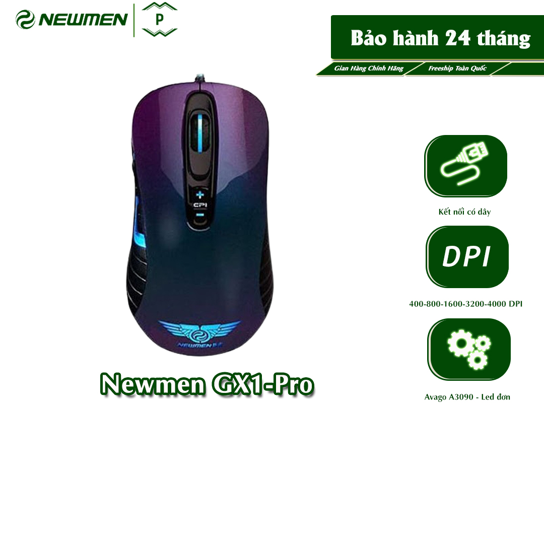 Chuột Máy Tính Newmen Gaming GX1-Pro 4000DPI Chipset A3090 Switch Omron Led Đơn Xanh - Hàng Chính Hãng
