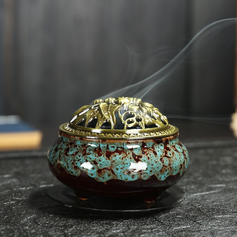 Lư xông đốt trầm hương đa năng - Lư gốm sứ màu men chảy xông trầm hương đốt đỉnh