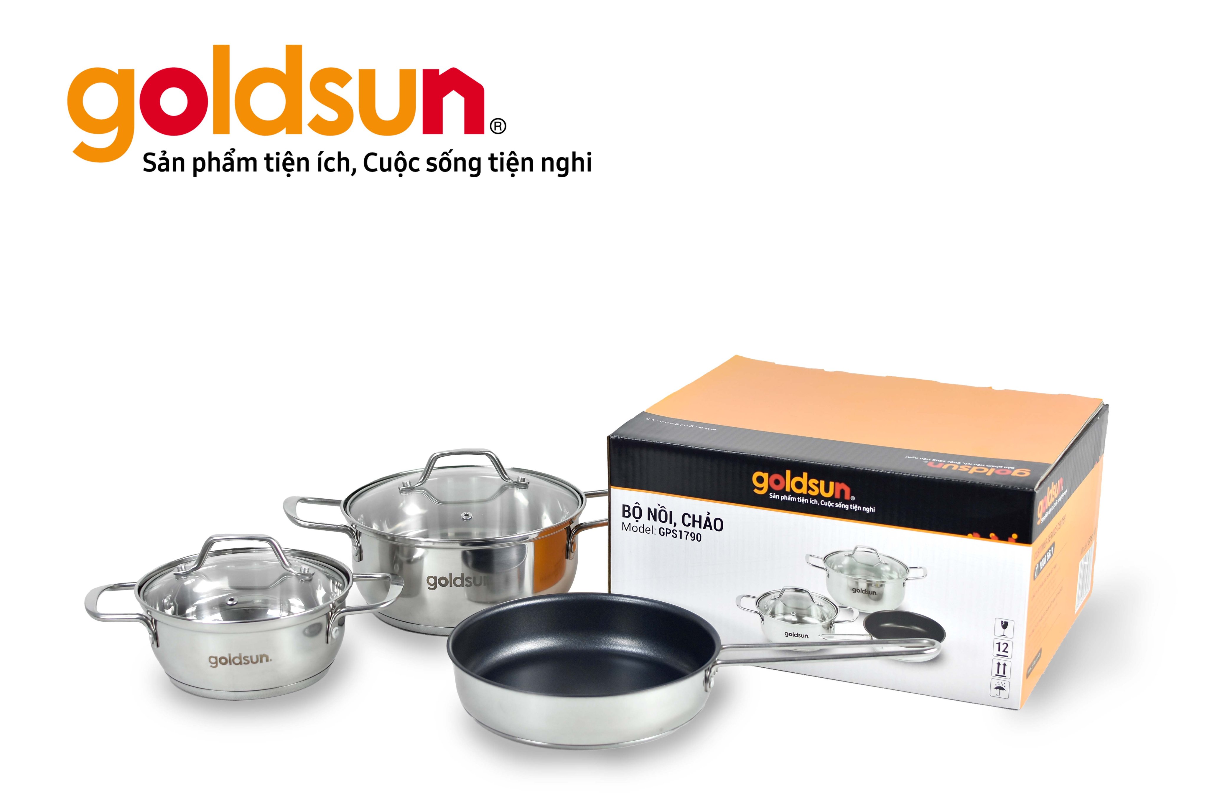 Bộ noi inox, bộ nồi chảo inox, bộ nồi bếp từ, bộ nồi Goldsun, Bộ nồi chảo Inox 3 đáy Goldsun GPS1790, nồi 16cm, nồi 20cm, chảo 20cm - Bảo hành sản phẩm 12 tháng chính hãng