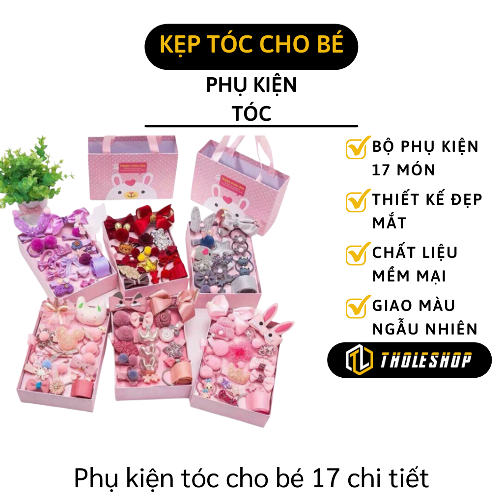 Hộp kẹp tóc cho bé gái - Kẹp tóc cho bé gái 17 chi tiết kèm hộp - Bộ kẹp tóc, dây thun nhiều kiểu cho bé