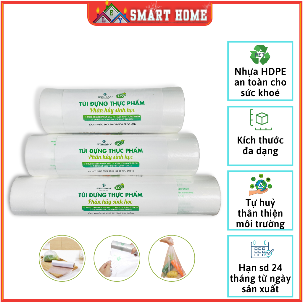 Túi đựng thực phẩm sinh học tự hủy ECO GREEN dai dầy loại 300Gr/Cuộn