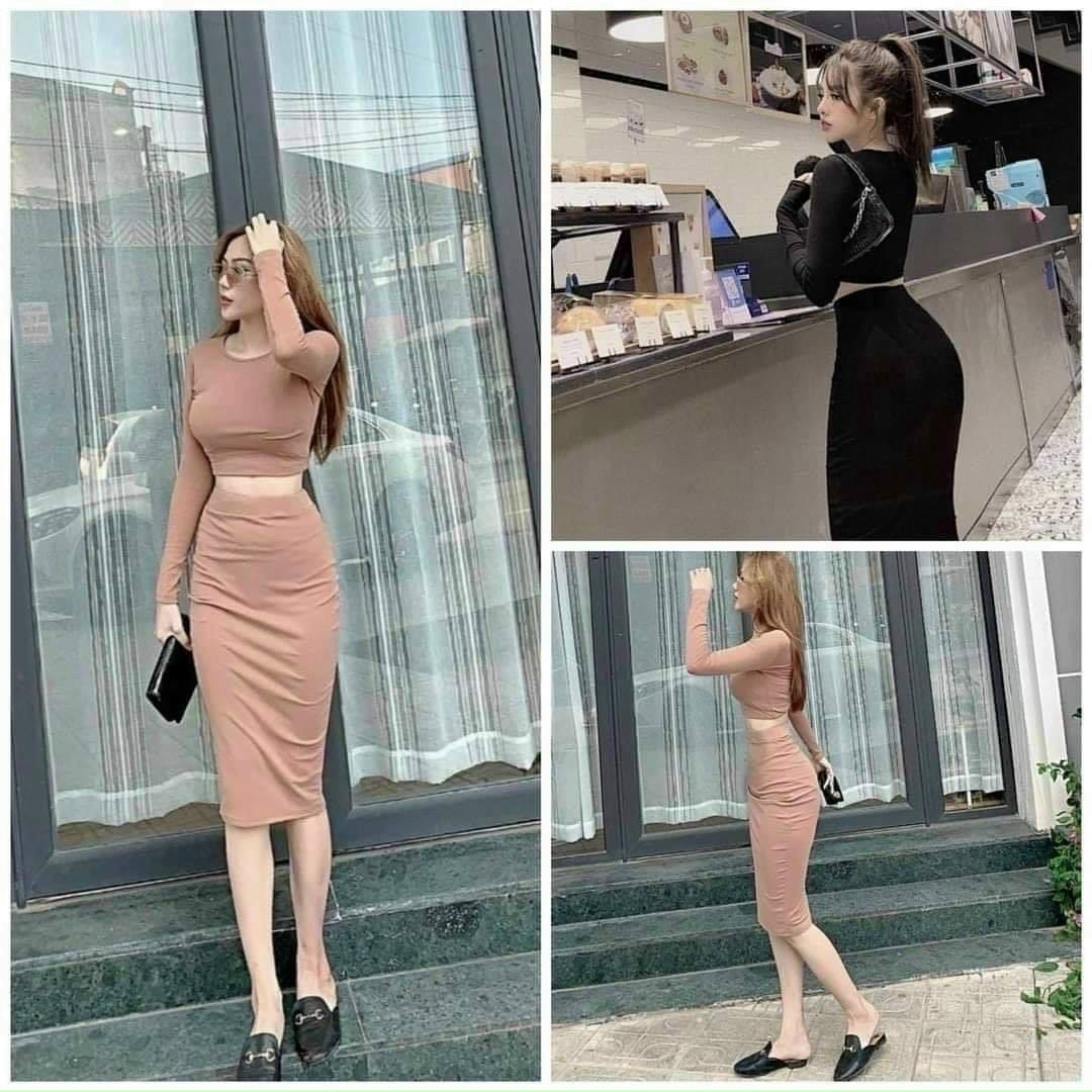 Set chân váy body dáng dài kèm áo Croptop Dài tay sang chảnh