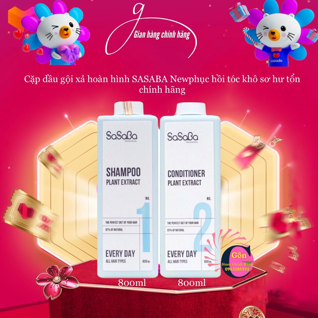 Dầu gội dầu xả hoàn hình sasaba mẫu mới 800ml x 2