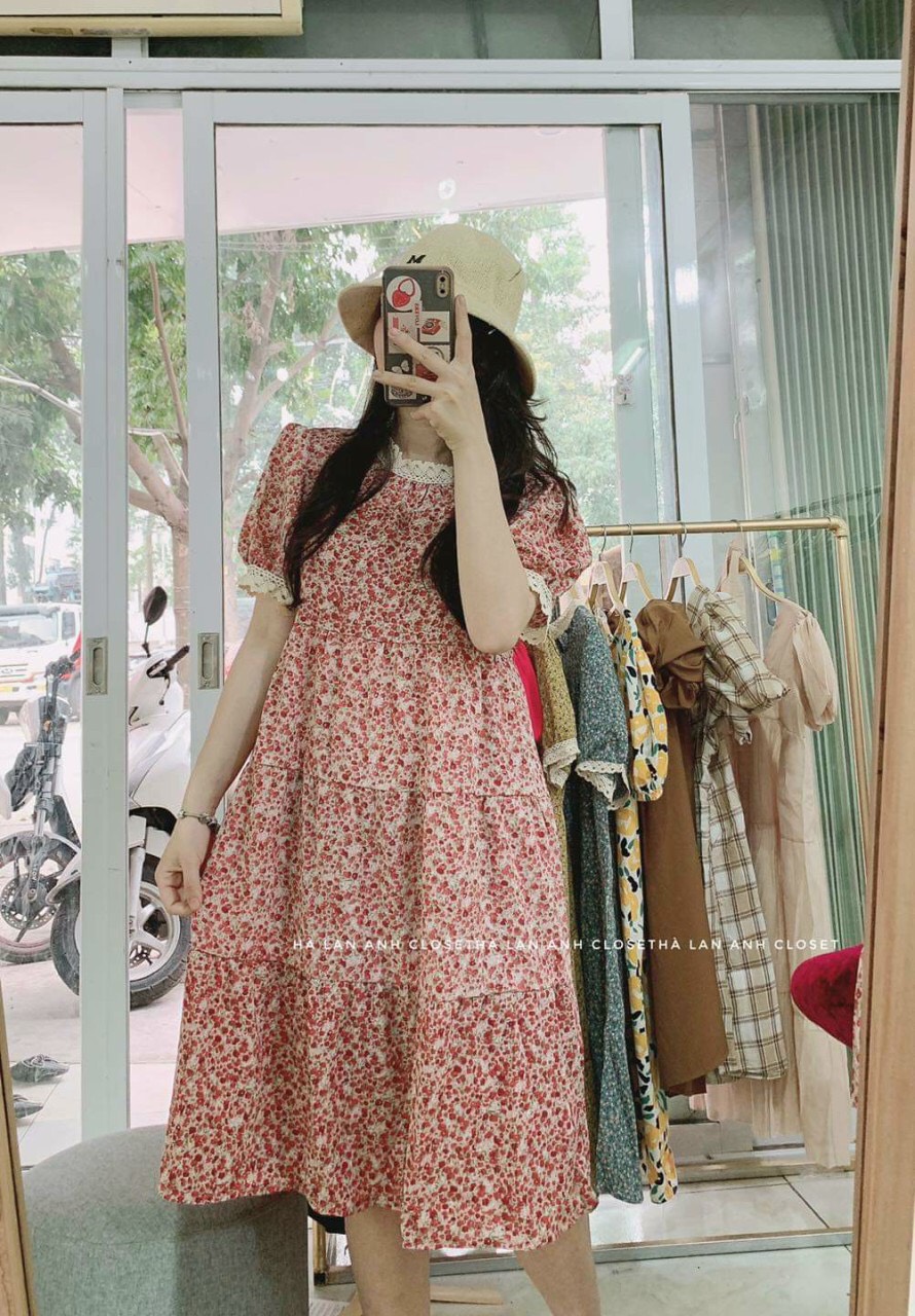 Váy bầu, đầm bầu dáng suông hoa nhí thiết kế