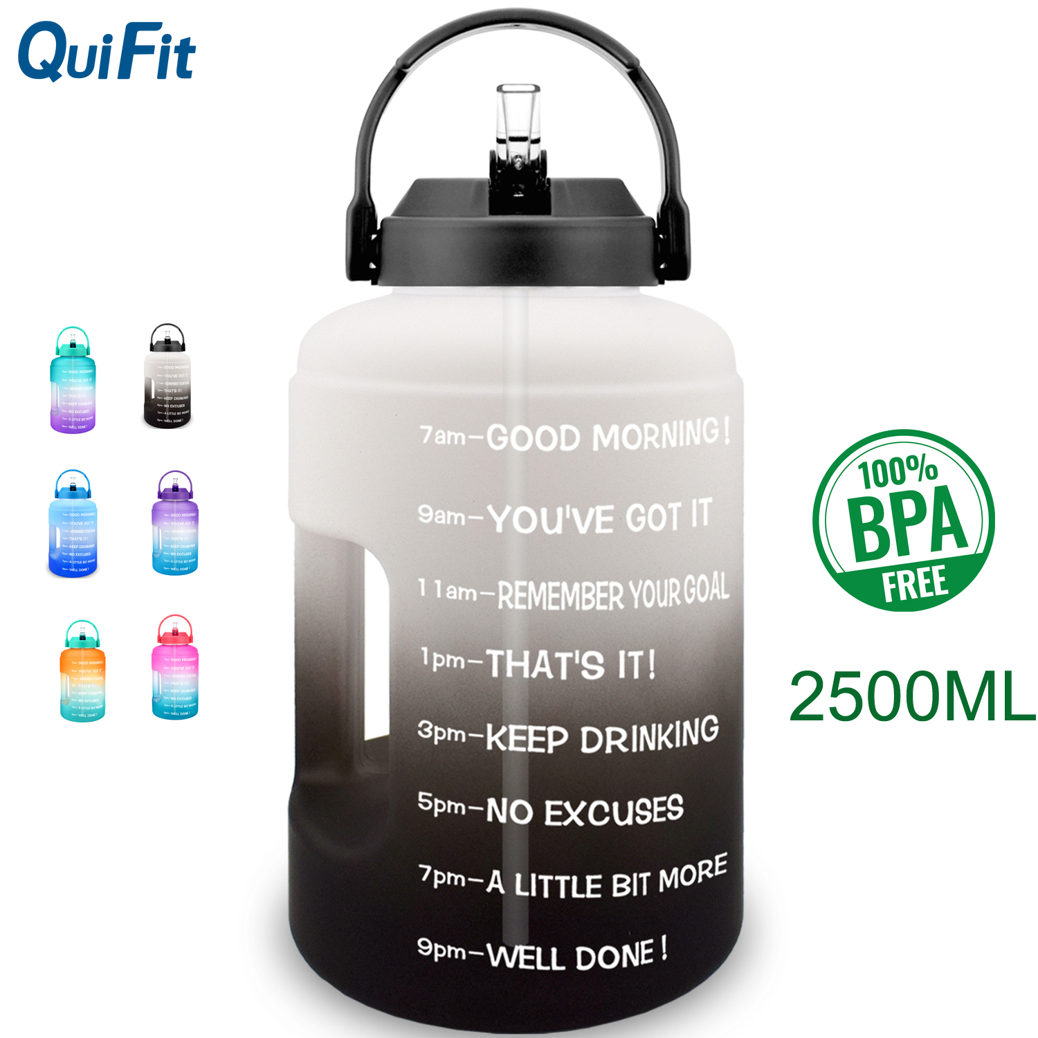 QuiFit 2.5L 83OZ Chai Nước Thể Thao Tạo Động Lực Với Mốc Đánh Dấu Thời Gian Tay Cầm Ống Hút Chai Không Chứa BPA Chống Rò Rỉ Cho Thể Thao Ngoài Trời Tập Thể Dục