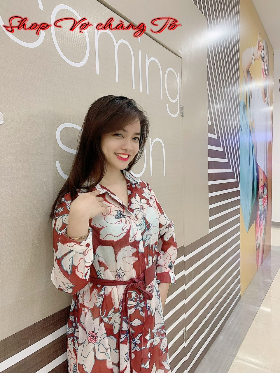 Đầm sơ mi cổ đức in hoa tay lửng thanh lịch