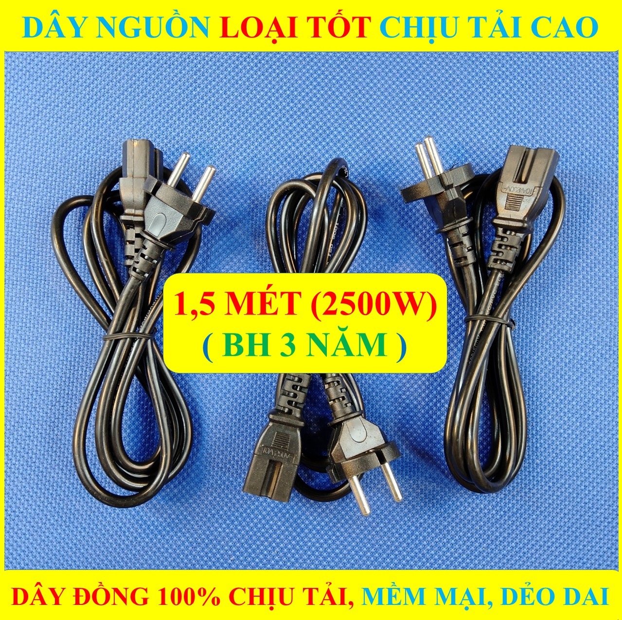 1,5 MÉT Dây Nguồn Máy Tính, Máy In, Nồi Cơm Điện chịu tải cao 2500W đầu tròn (BH 3 NĂM) HÀNG LOẠI TỐT CAO CẤP ( BỘ 1 SP )