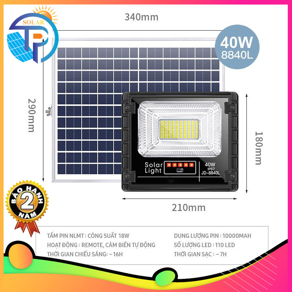 Đèn led pha năng lượng mặt trời - jd 8840l - 40w - tấn phát solar