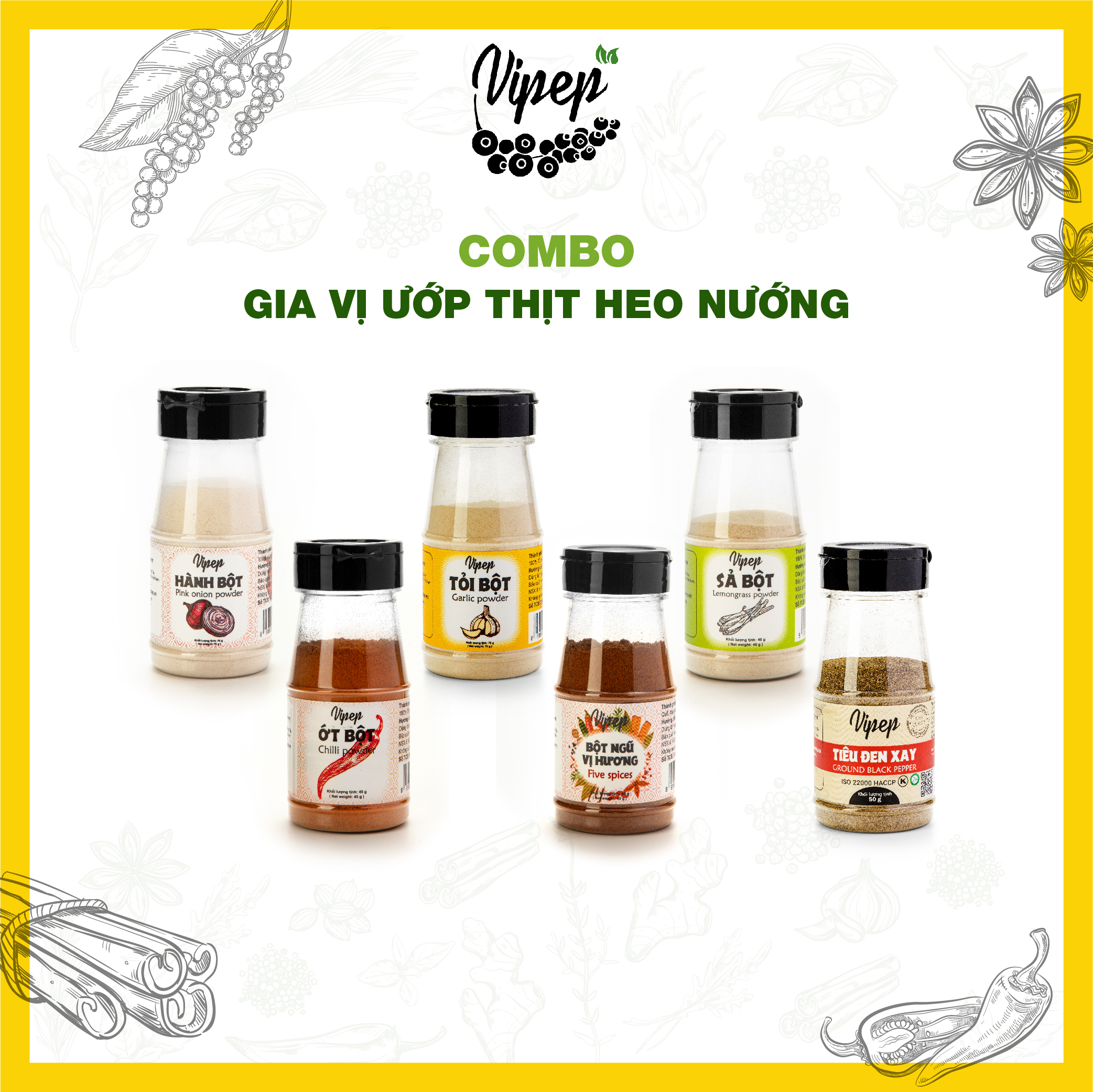 Gia vị ướp thịt nướng Vipep, 100% xay nhuyễn nguyên chất (bột hành, bột tỏi, bột sả, tiêu xay, bột ngũ vị hương)