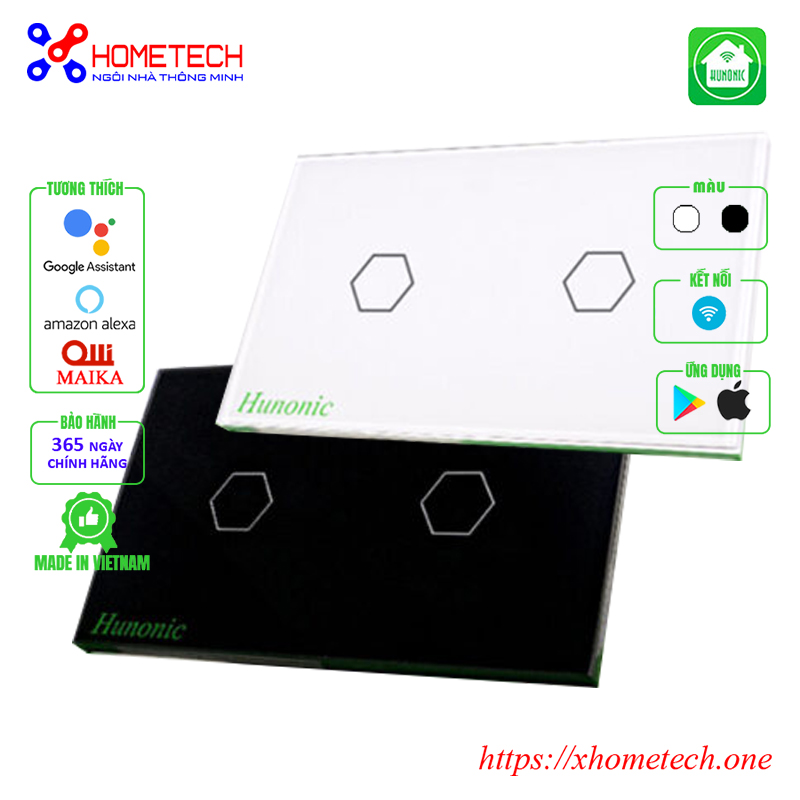 Công tắc thông minh wifi cảm ứng 2 nút Hunonic Trắng, Đen - Xhometech