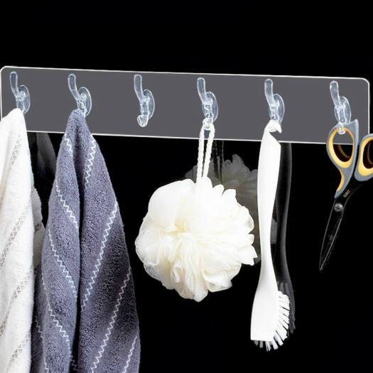 2 thanh dán tường trong suốt 6 móc làm móc treo quần áo, treo đồ phòng tắm..