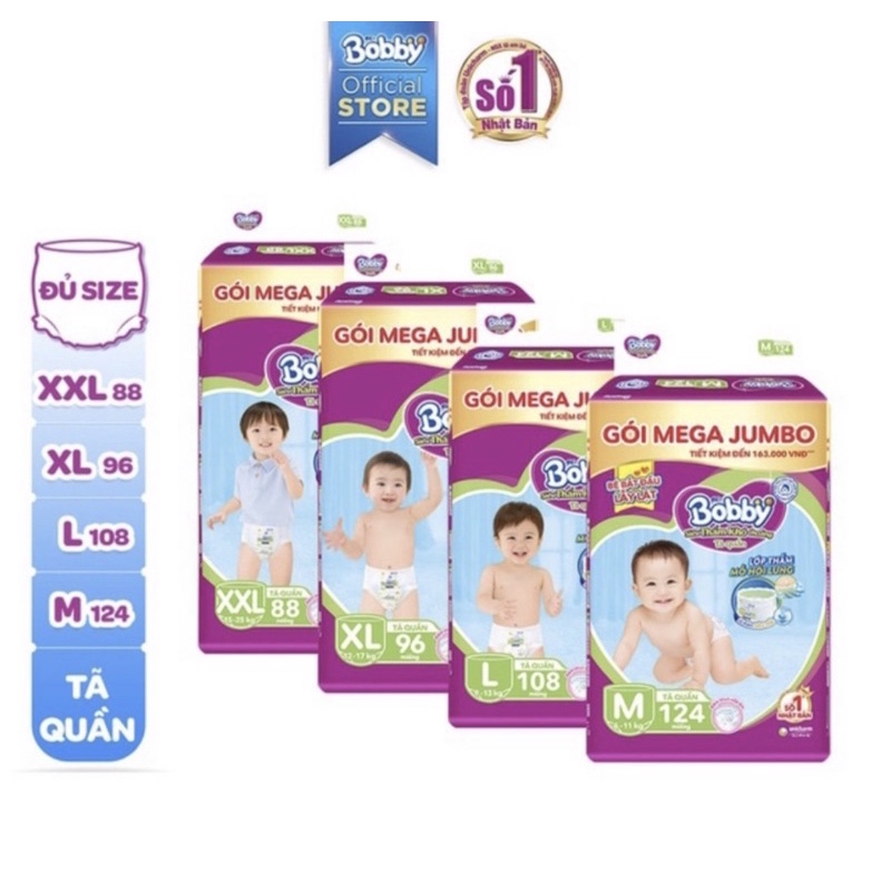 Tã quần bobby mega jumbo đủ size m120 , l104, xl96 , xxl88 miếng+ tặng 12 miếng