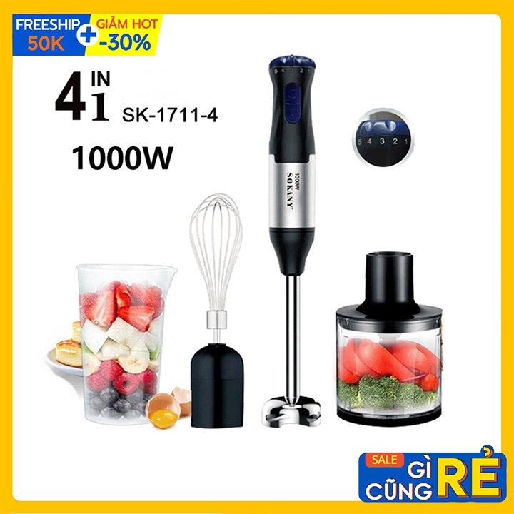 Máy Xay Cầm Tay 4IN1 SOKANY SK-1711-4, Đen, 23cm x 11.7cm x 21cm, 0.5L, 1000W