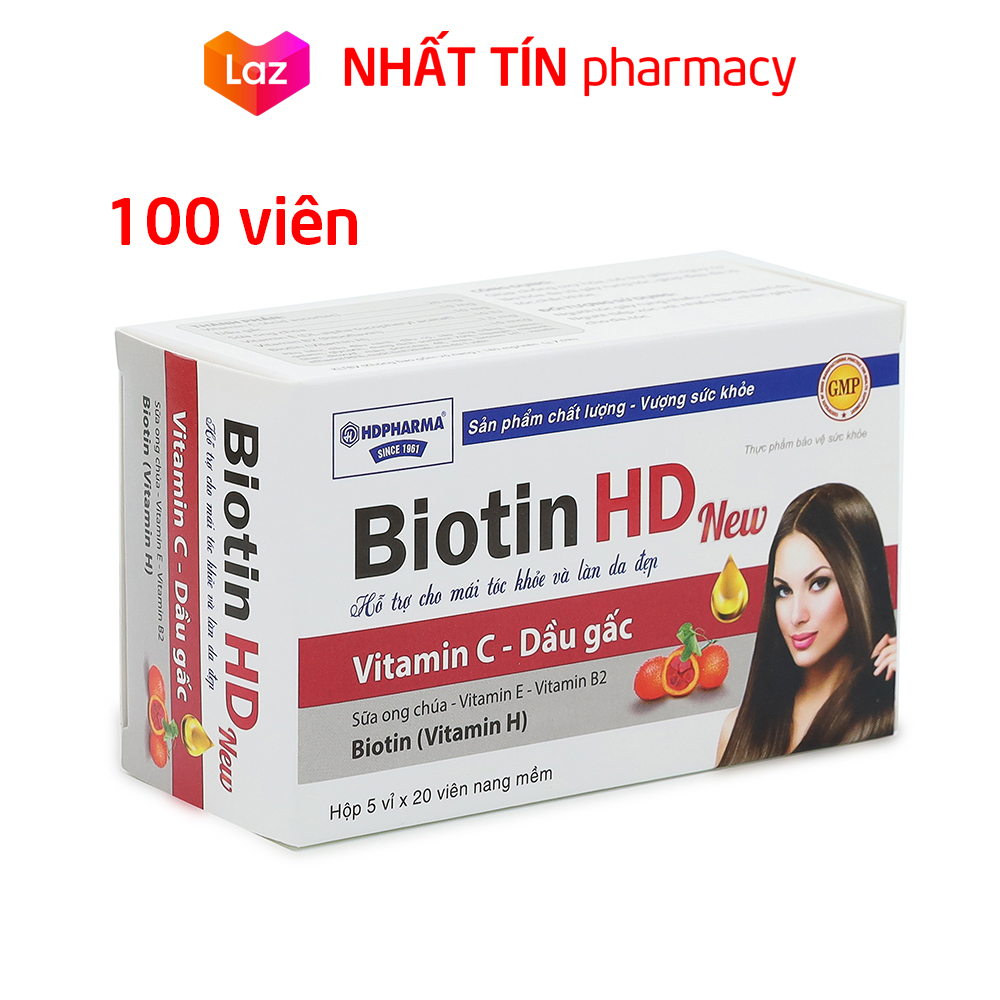 Viên uống đẹp da Biotin HD New giúp mái tóc khỏe, sáng da, giảm rụng tóc, chống lão hóa - Hộp 100 viên