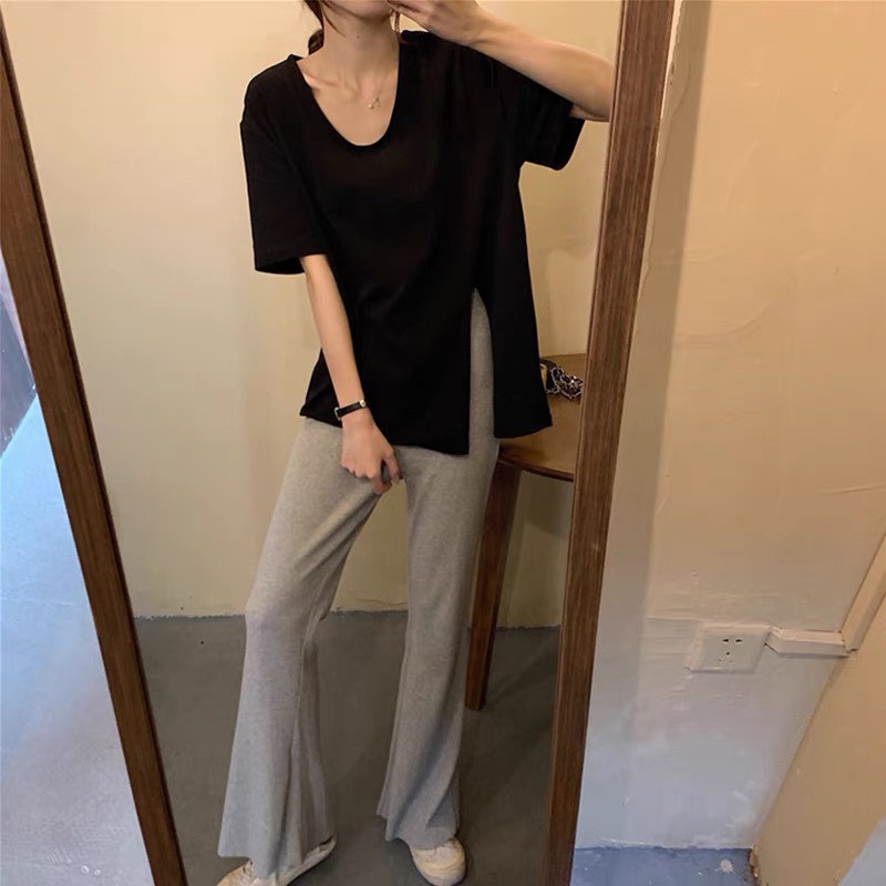 Quần ống loe thun gân cạp cao co dãn - tharo clothing
