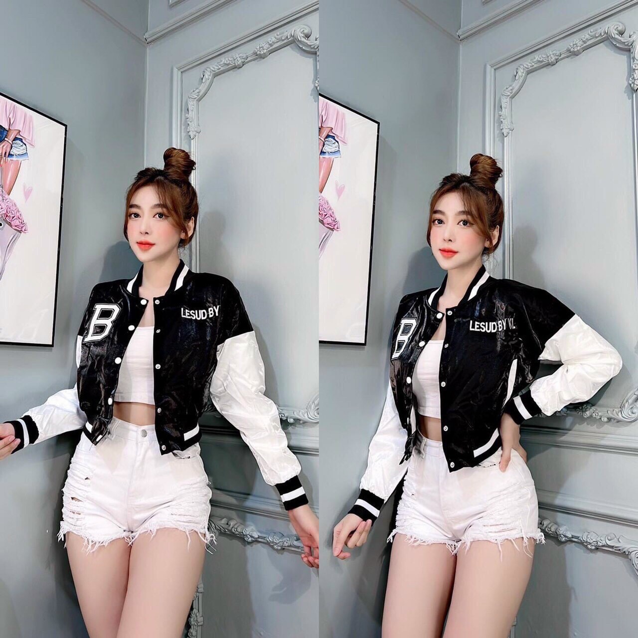 [New Sales 2024] Áo Khoác Bomber Dù Tay Phối Thêu Nổi Chữ B Phong Cách Hàn Quốc