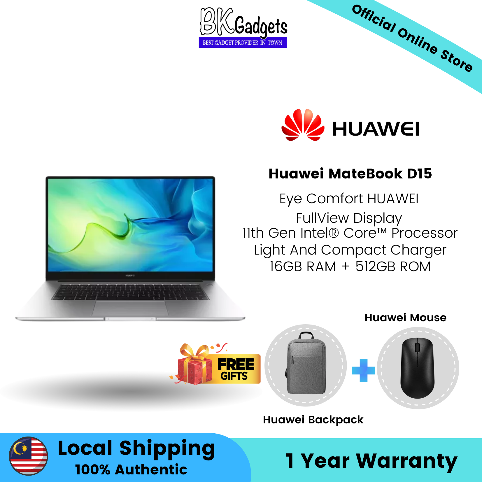 Huawei MateBook D15 - 16GB RAM + 512GB ROM  11th Gen Intel Core Processor  Light And Compact Charger