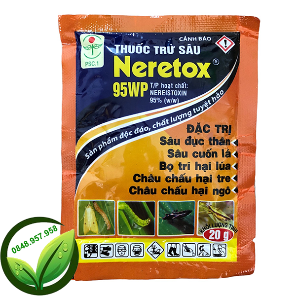 Thuốc trừ sâu đục thân Neretox 95wp gói 20g; Thuốc trừ sâu cuốn lá Neretox 95wp ; Đặc hiệu trừ sâu đục thân, sâu cuốn lá, bọ trĩ hại lúa, châu chấu hại ngô